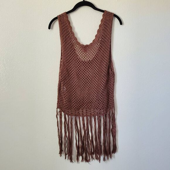 Bongo Fringe Sweater Women's XL Brown Sleeveless Open Crochet Hippie Boho - Picture 3 of 6
